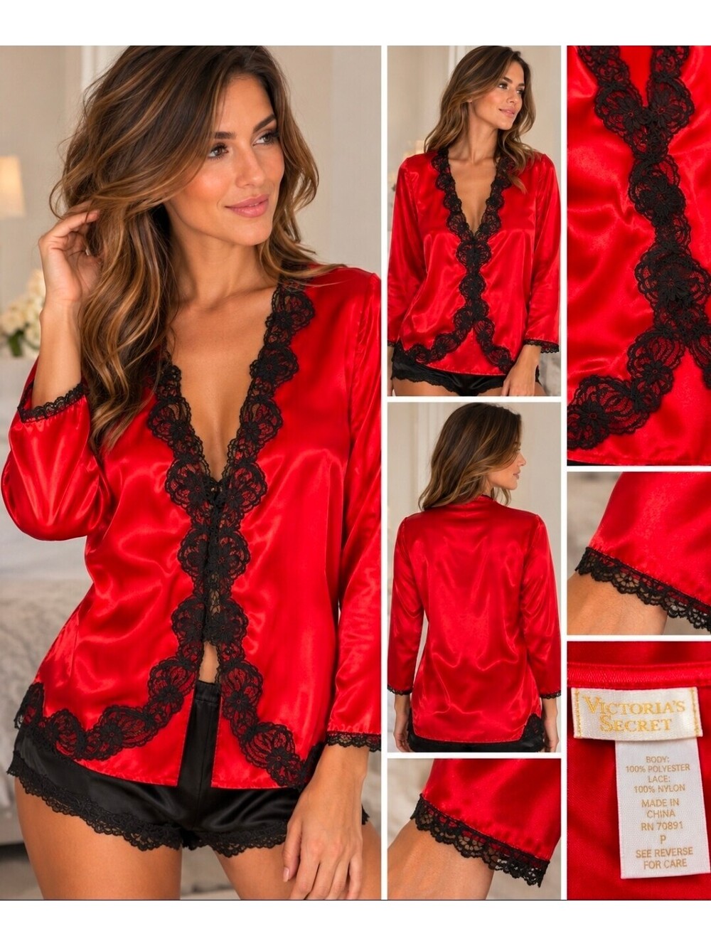 Vintage Victoria’s Secret Red Satin Pajama Top Black Lace Lingerie Sleepwear P